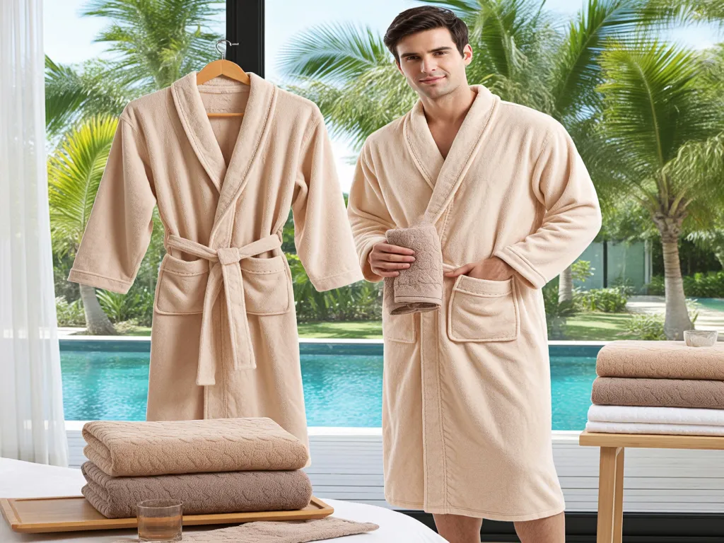 A person holding a beige hotel quality bathrobe by a pool