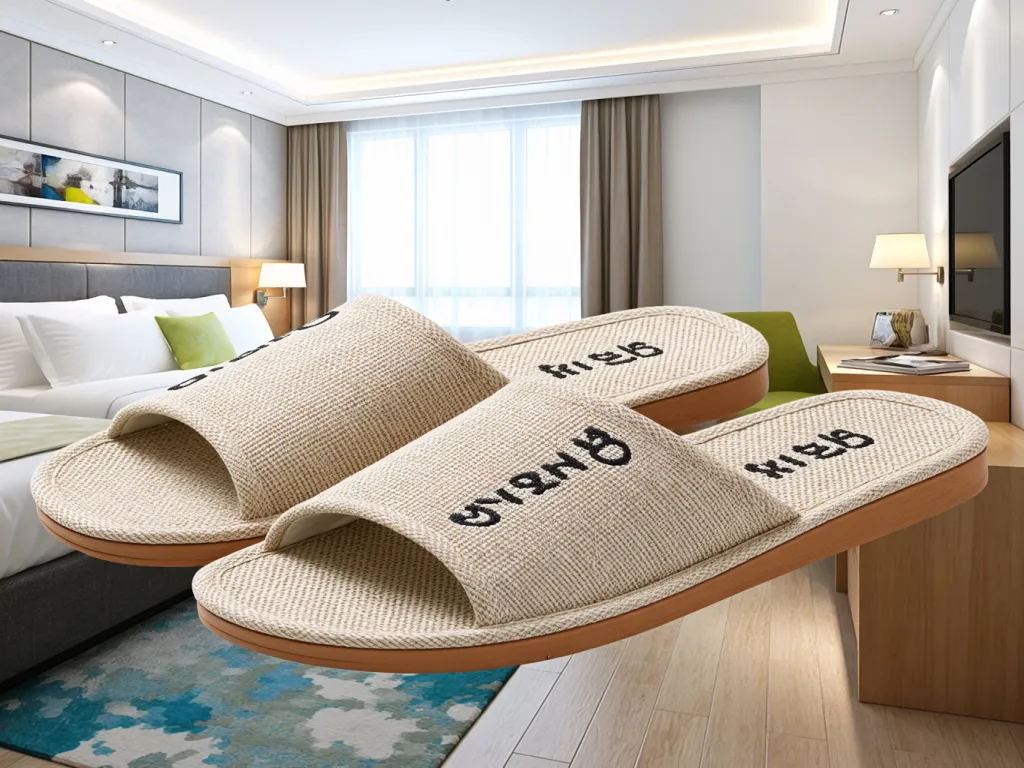Custom hotel slippers with branding in a stylish hotel room