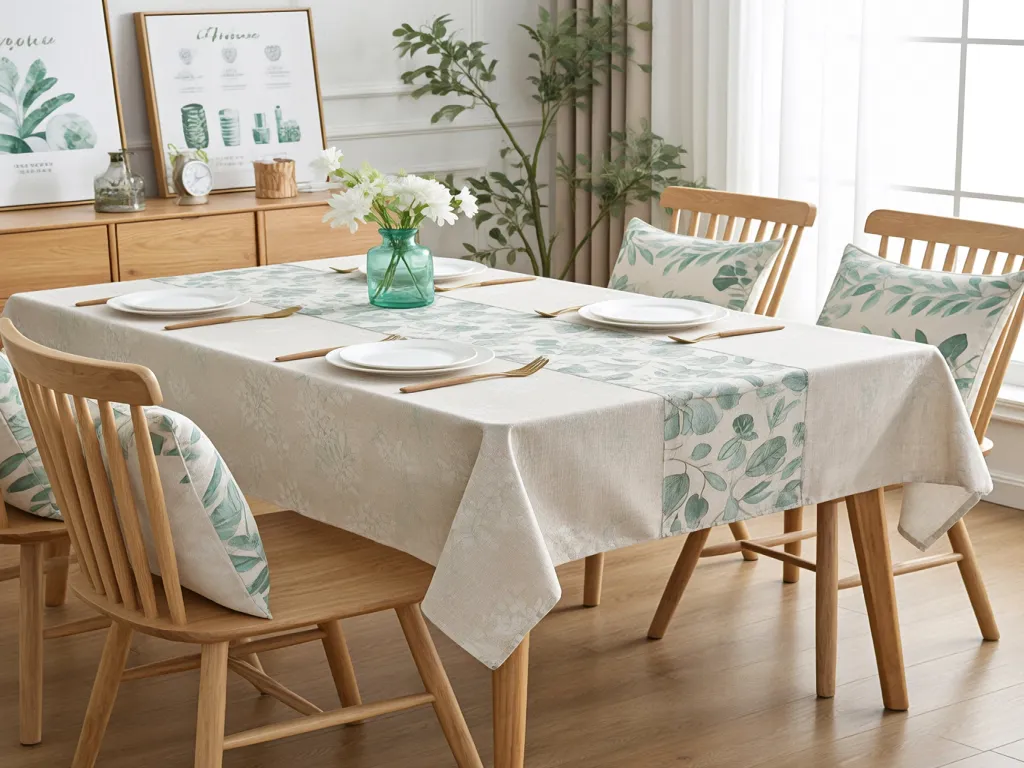 Home dining table with green leaf patterned table linen