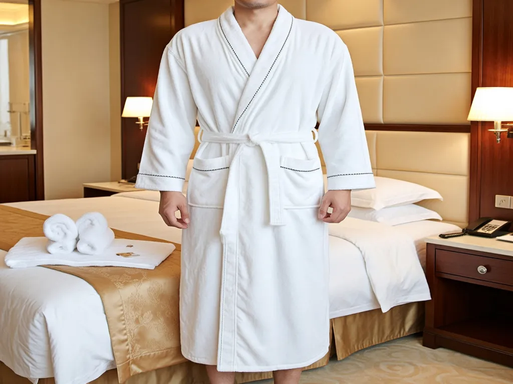 A person standing in a hotel room wearing a white hotel quality bathrobe
