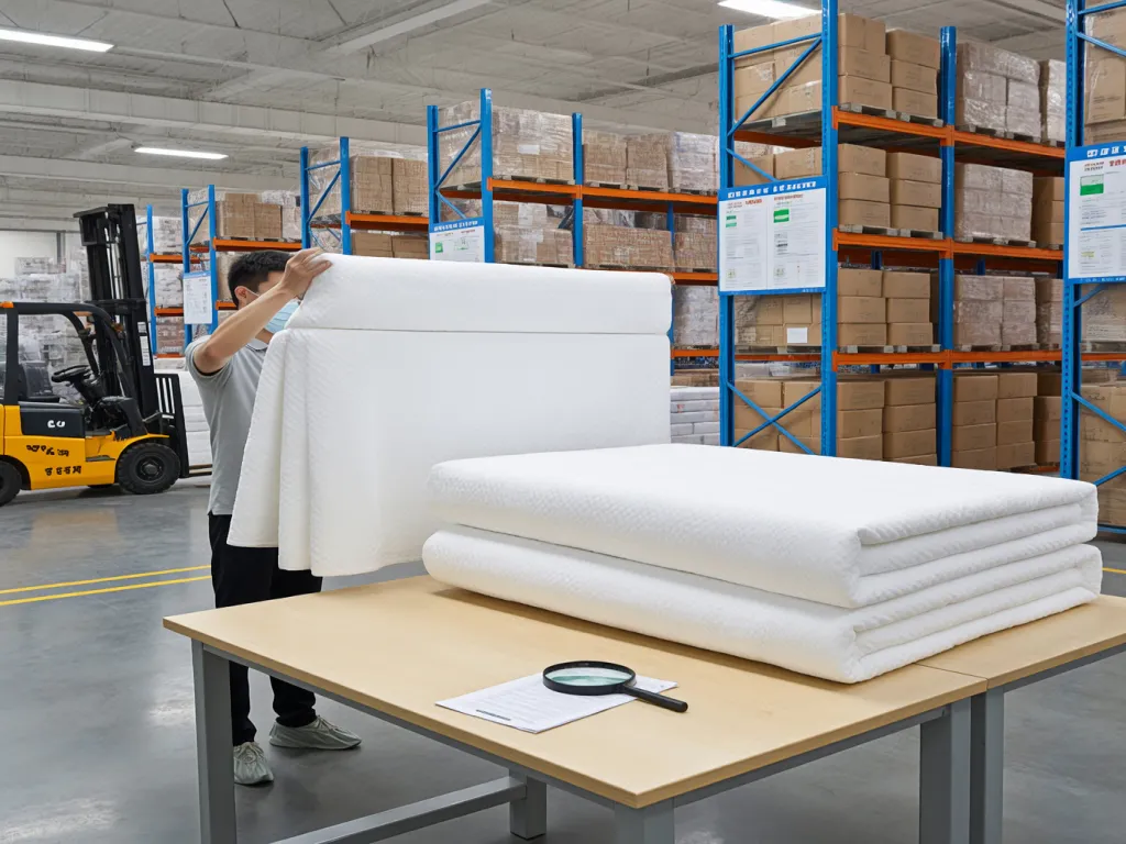 A man inspecting hotel textiles in a warehouse