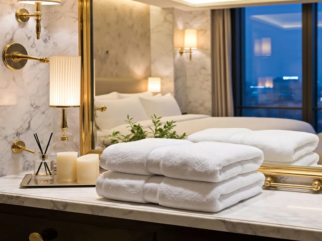 Luxury hotel bath towel sets on a bathroom counter