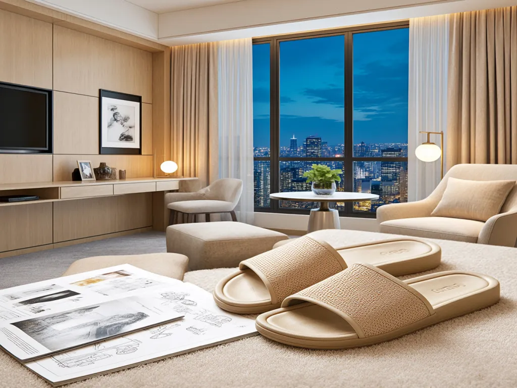 Luxury hotel slippers on a plush carpet in a modern hotel room