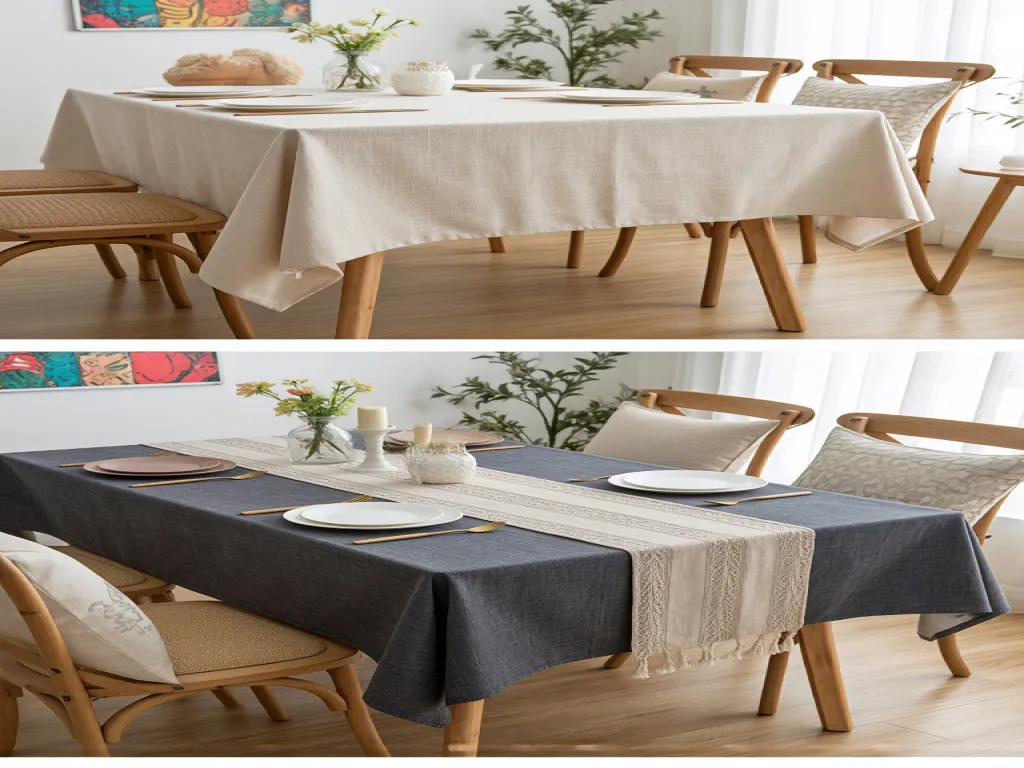 Modern home dining with beige and grey table linen