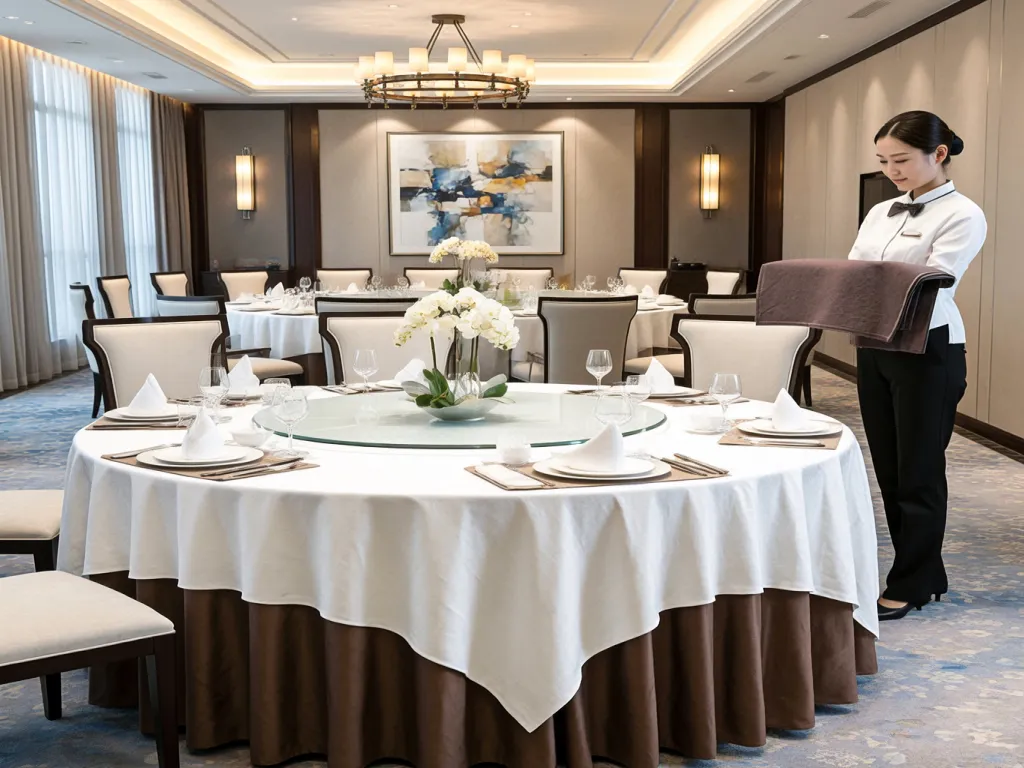 Round table setup with white table linen in a restaurant