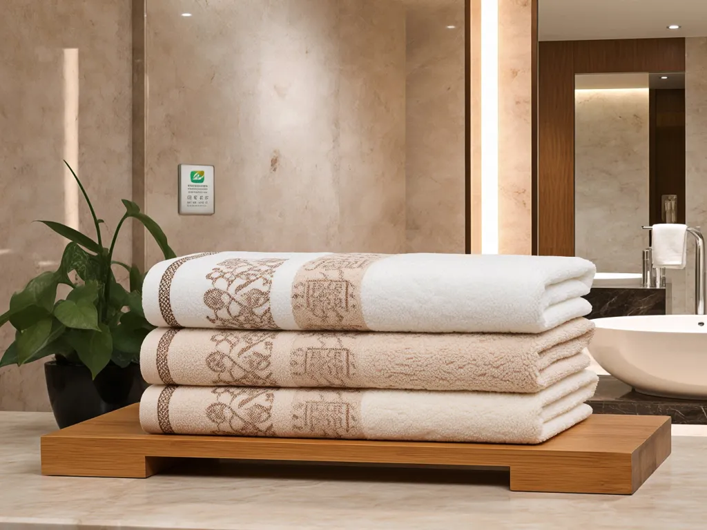 Stacked luxury hotel towels in a bathroom setting