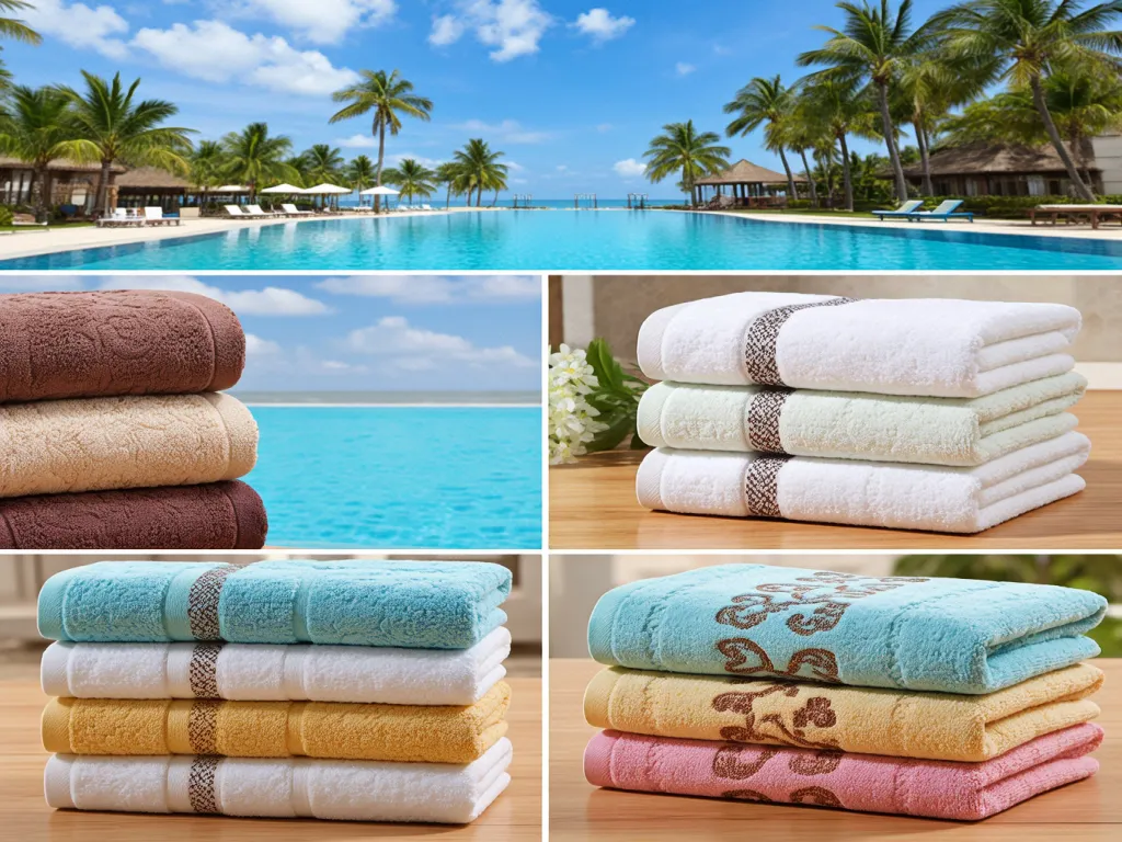 Colorful hotel towel sets by a tropical pool