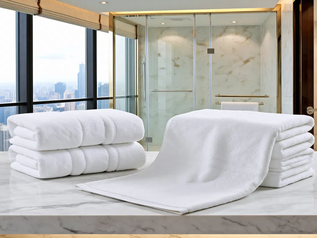 Luxury white hotel towel set in a modern bathroom