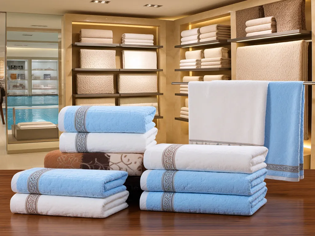 Luxury hotel towels collection on display