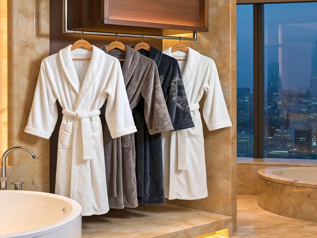 Assorted luxury hotel bathrobes hanging in a luxurious bathroom