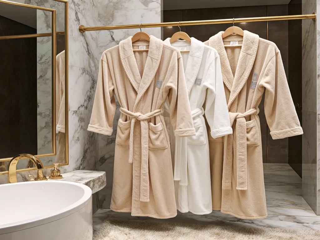 Beige and white luxury hotel bathrobes hanging in a bathroom