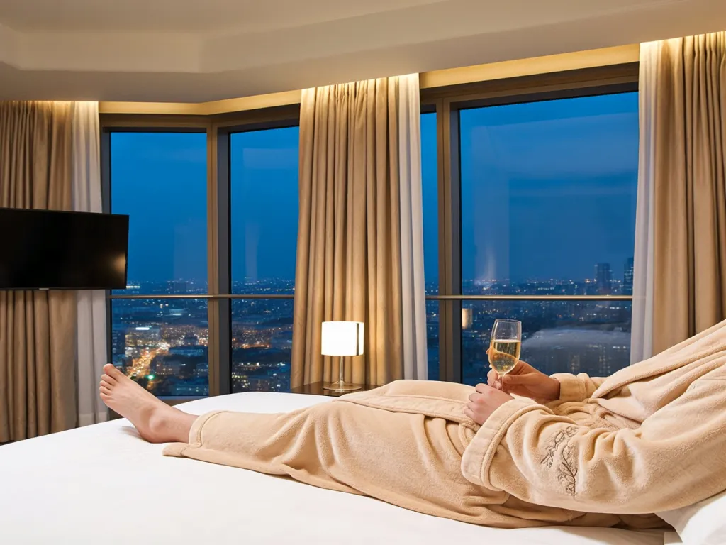 A person relaxing in a luxury hotel bathrobe with a city view