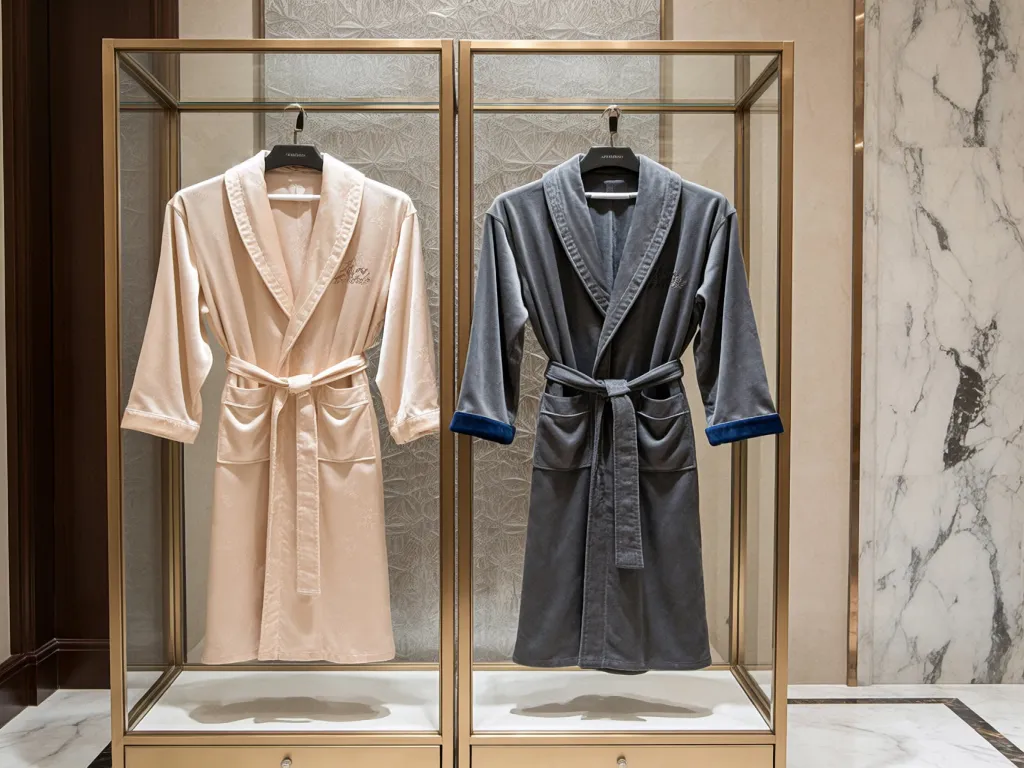 Luxury hotel bathrobes in beige and grey on display
