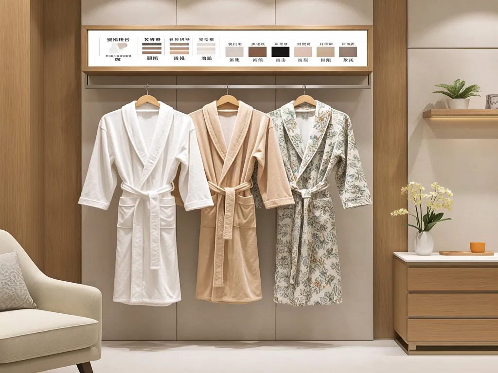 Assorted hotel bathrobes hanging on a rack in a showroom