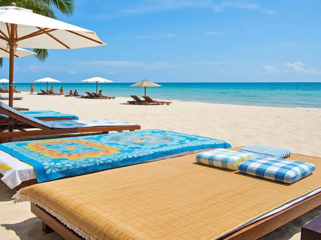Beach lounge area with hotel beach towels and umbrellas