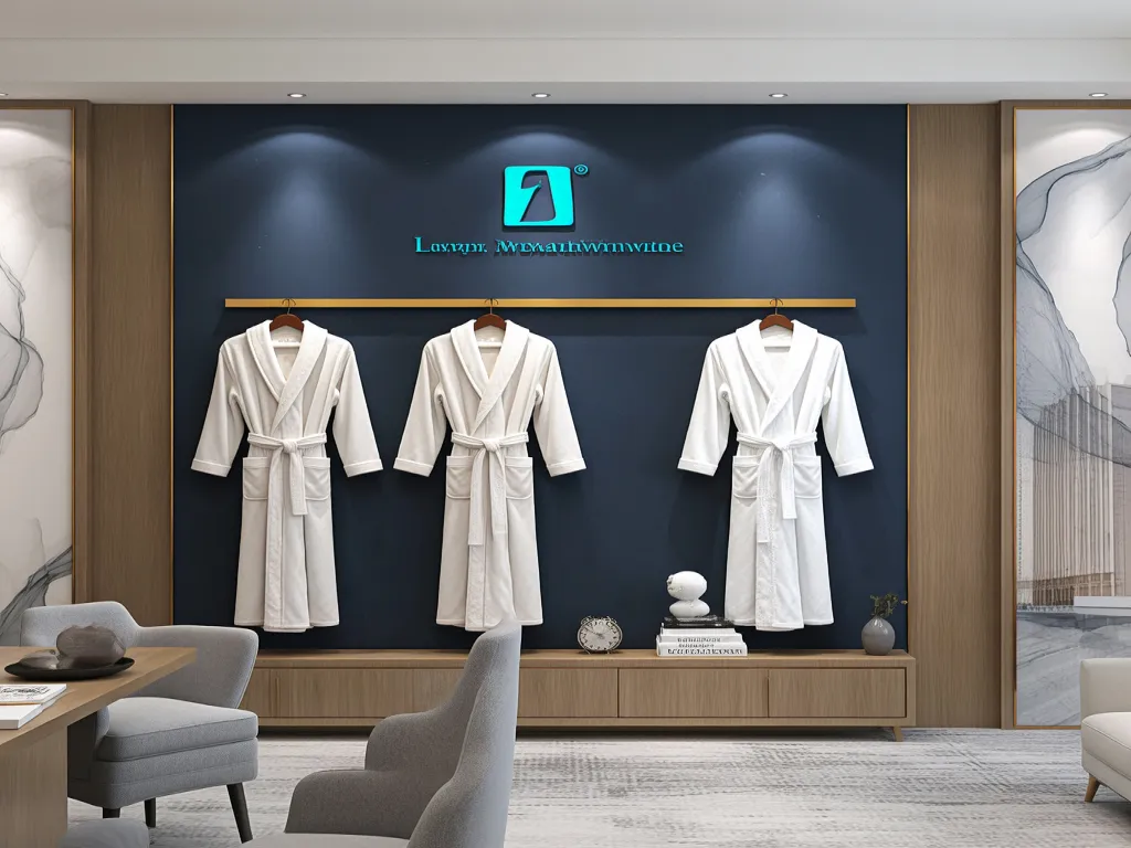 Wall display of various hotel bathrobes in a showroom