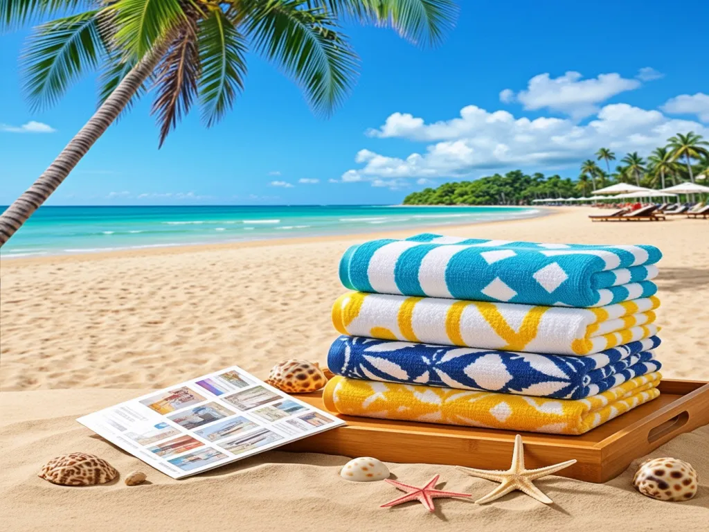 Stack of colorful hotel beach towels on a beach