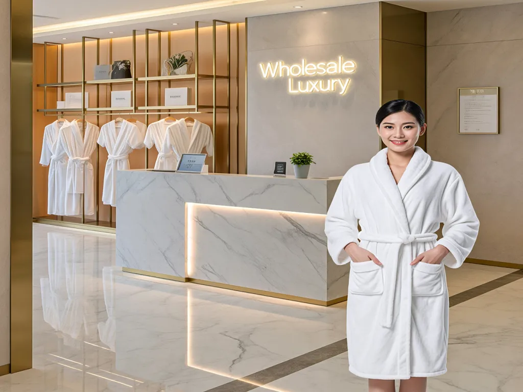 A woman stands in front of a display of luxury hotel bathrobes