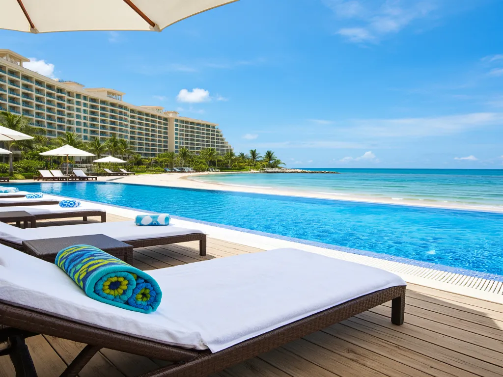 Hotel beach towels on lounge chairs by the pool