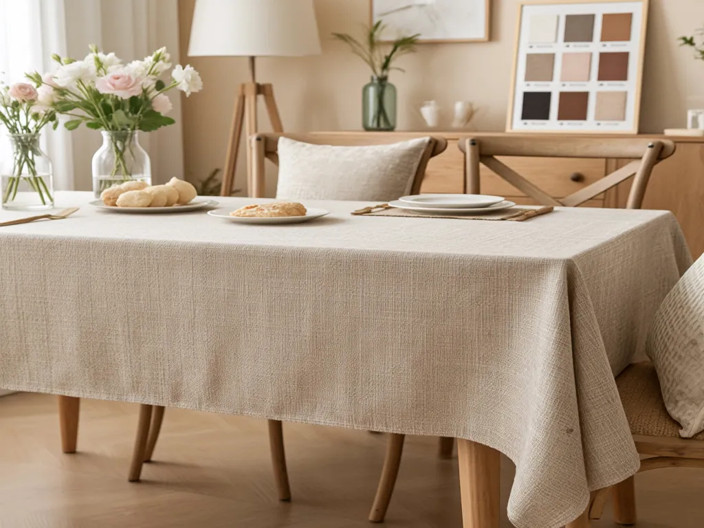 An elegantly set dining table with a beige table linen cover