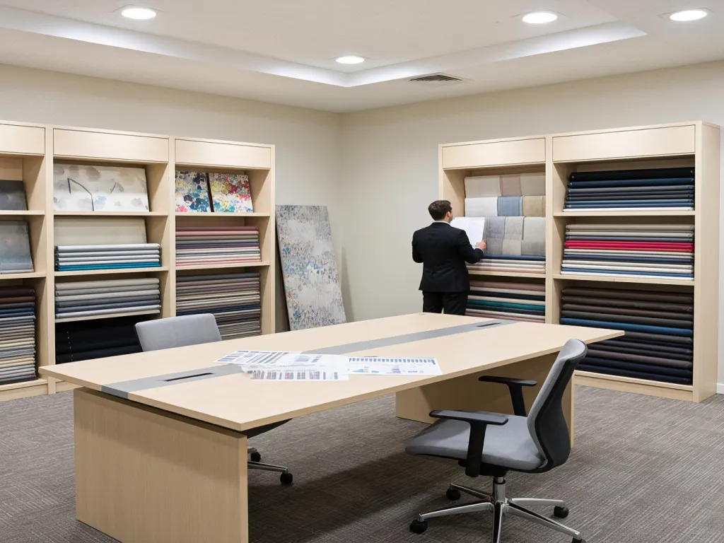 A man choosing table linen samples in a showroom