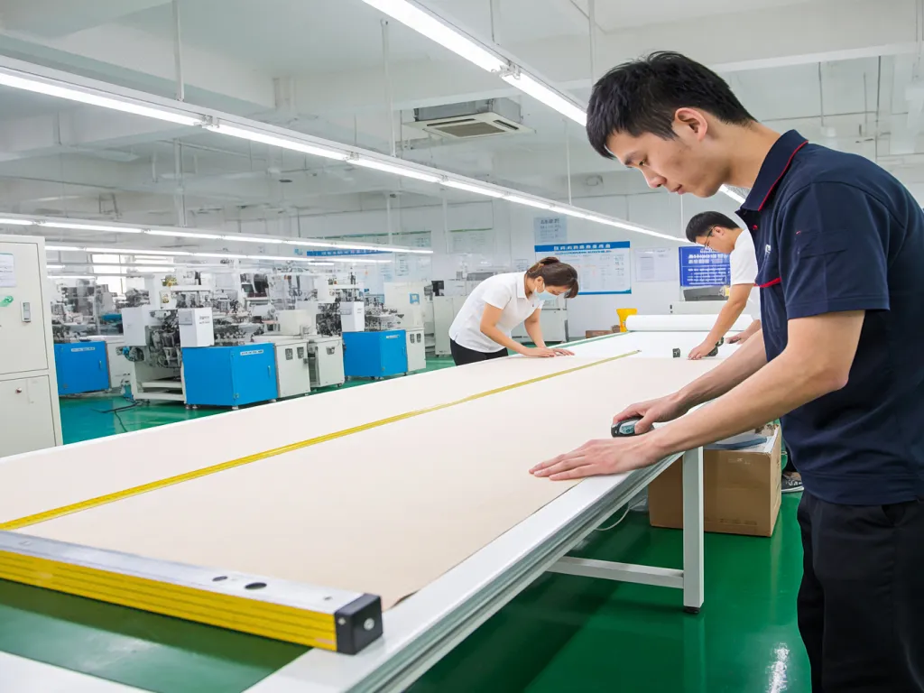 Measuring table linen in a factory