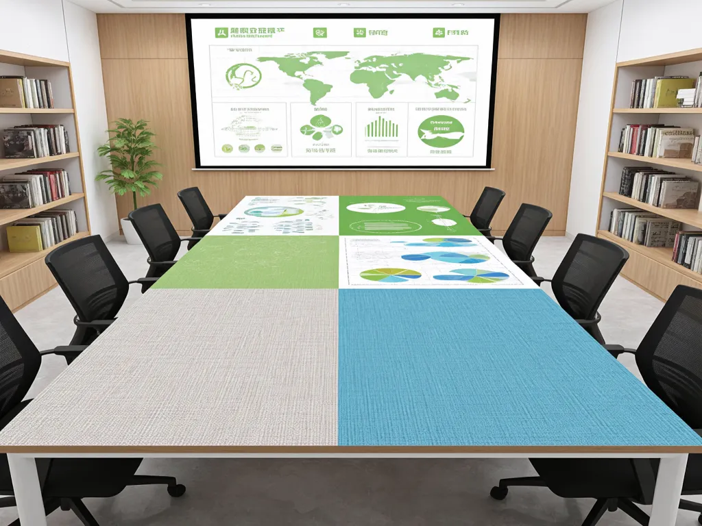 A modern office with a large table covered in patterned table linen