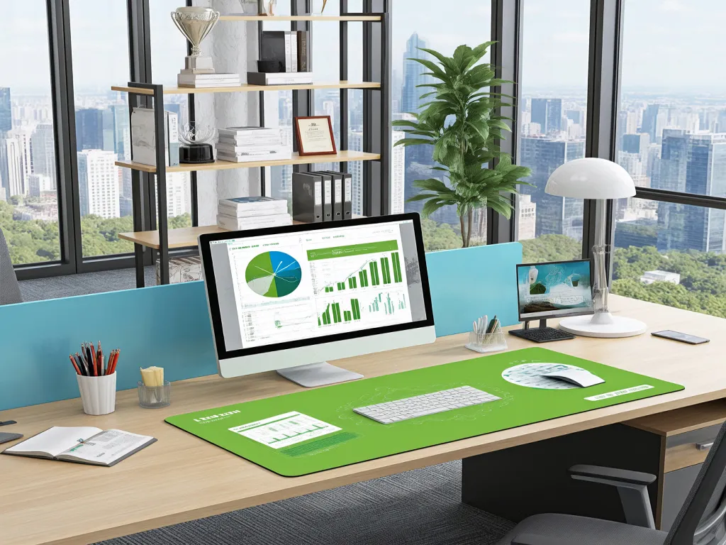 A modern workspace with a computer displaying table linen data