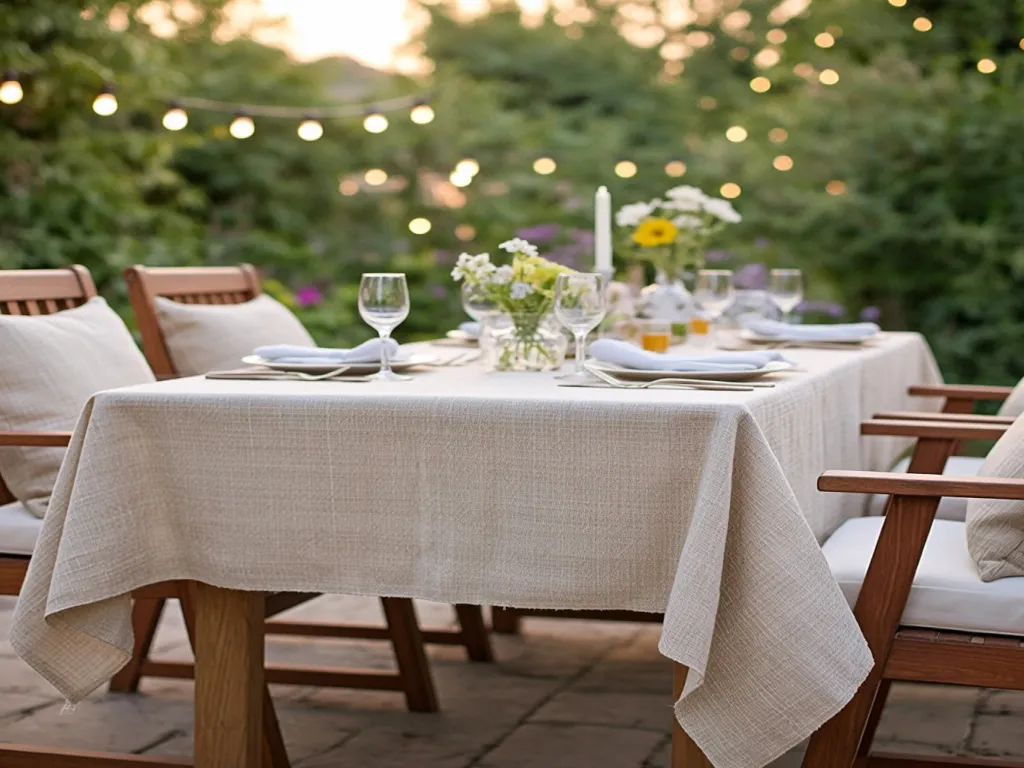 Outdoor dining setup with a linen cloth tablecloth