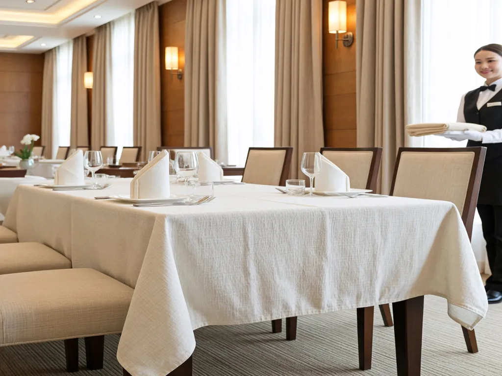 Restaurant table setting with a linen cloth table cover