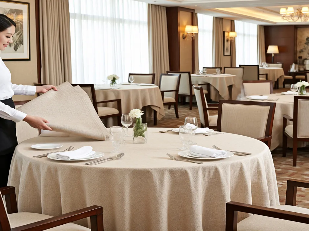 Round table covered with a linen cloth tablecloth in a restaurant