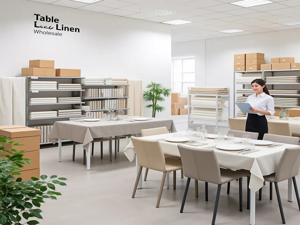 A woman checks inventory in a table linen wholesale warehouse