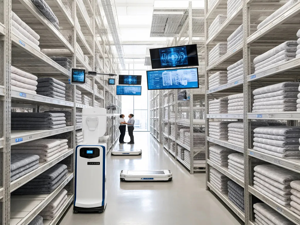 Modern towel warehouse with automated robots