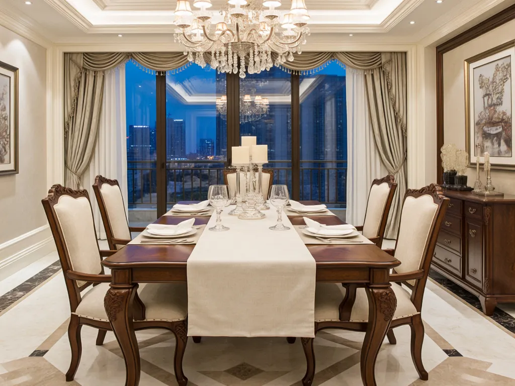 Elegant dining room with a linen table runner