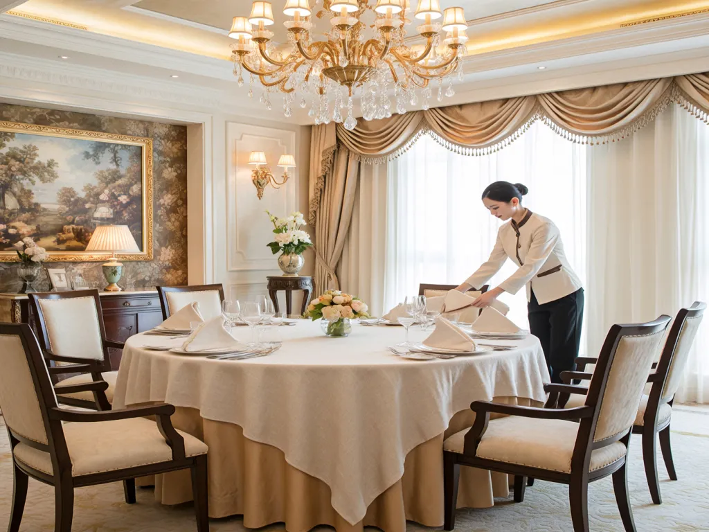 Elegant dining room with a table covered in high-quality table linen fabric