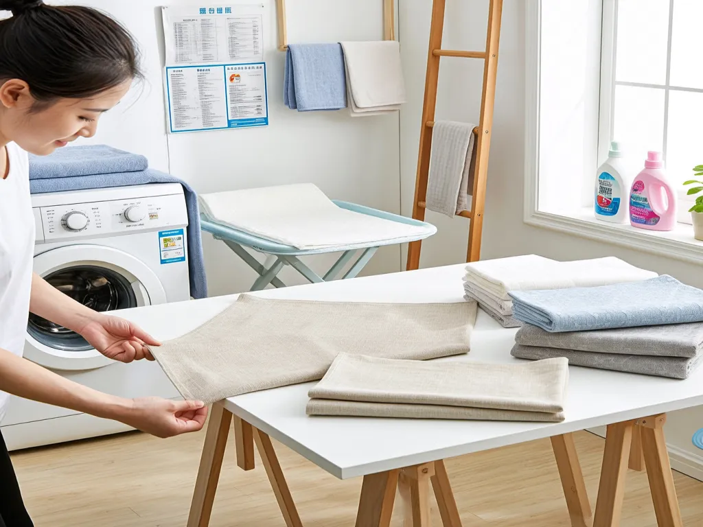 A person folds table linen near a washing machine