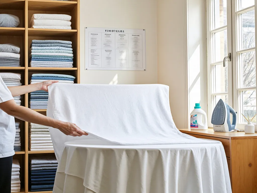 A person handles white table linen in a laundry room