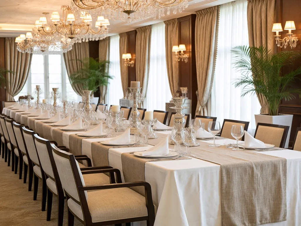 Long dining table adorned with a linen table runner