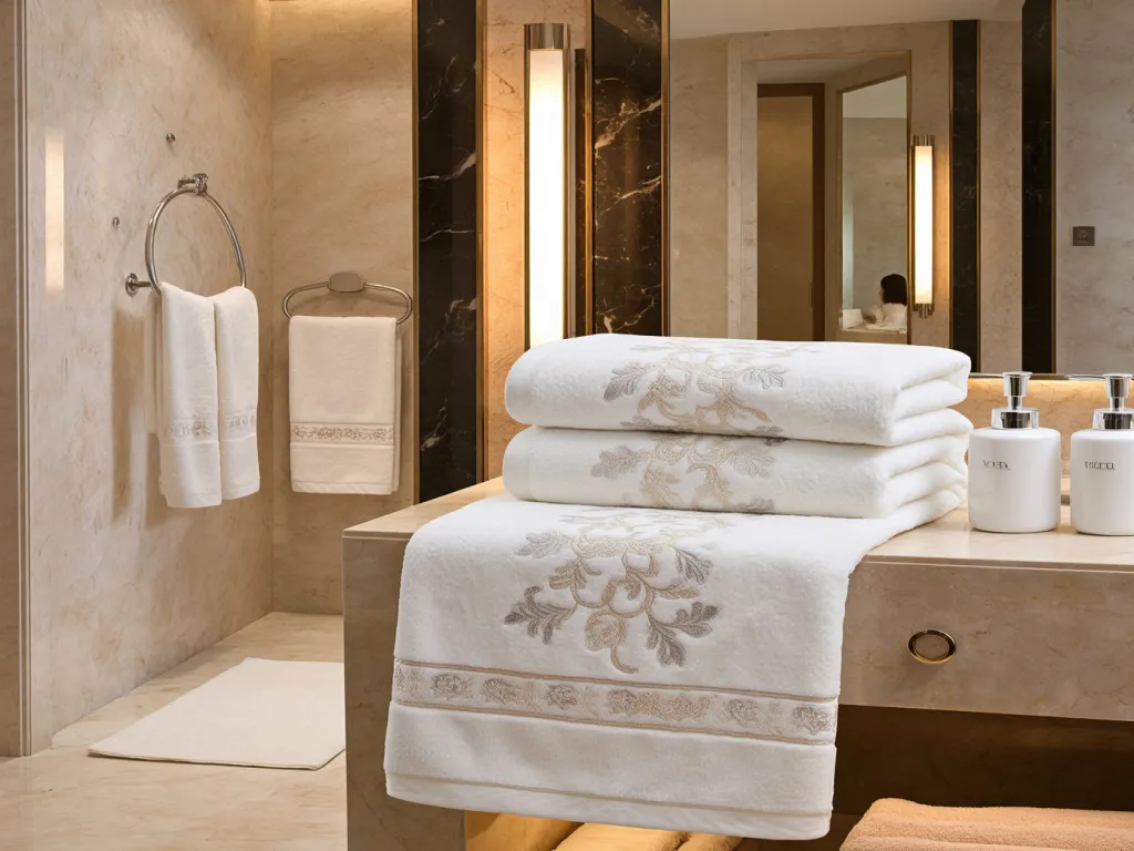 Luxury embroidered long staple cotton hotel towels in a stylish bathroom