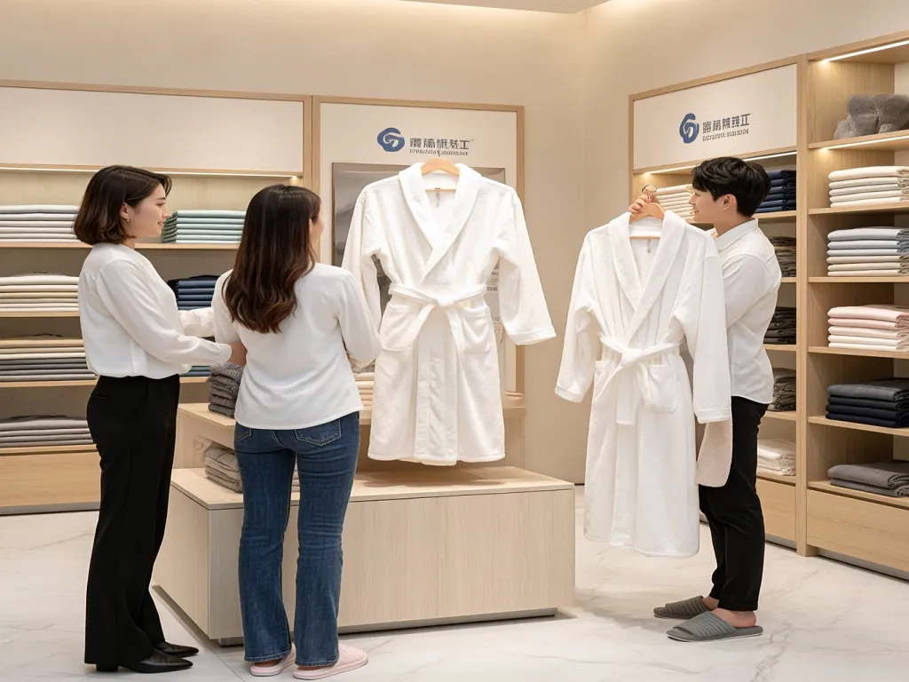People browsing luxury hotel bathrobes in a store