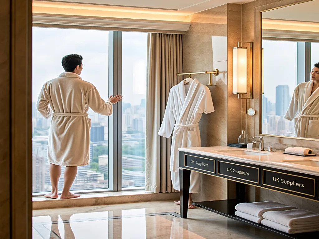 A person in a luxury hotel bathrobe by the window