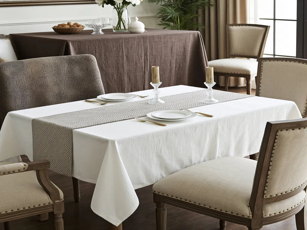 Modern dining setup featuring a table adorned with elegant table linen fabric