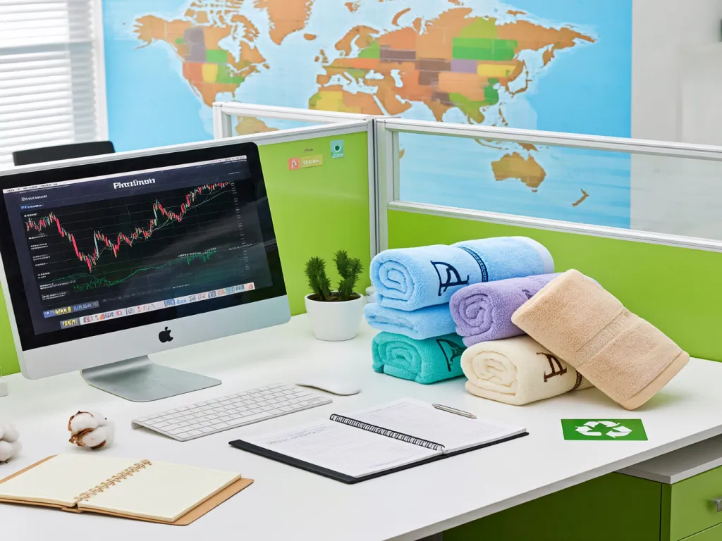 Colorful embroidered hotel towels arranged on an office desk with a computer