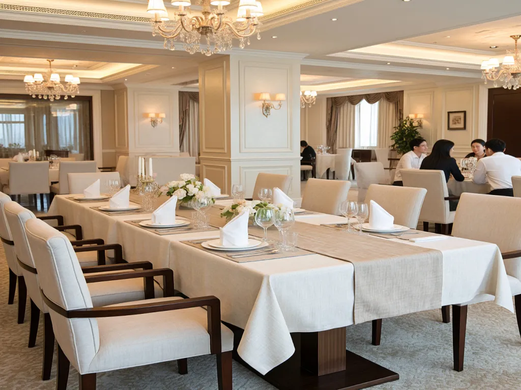 Restaurant setting featuring a linen table runner