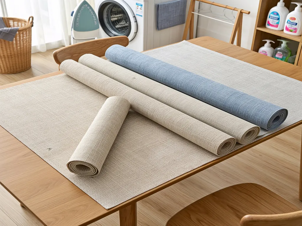 Rolled-up table linen in beige and blue colors on a table