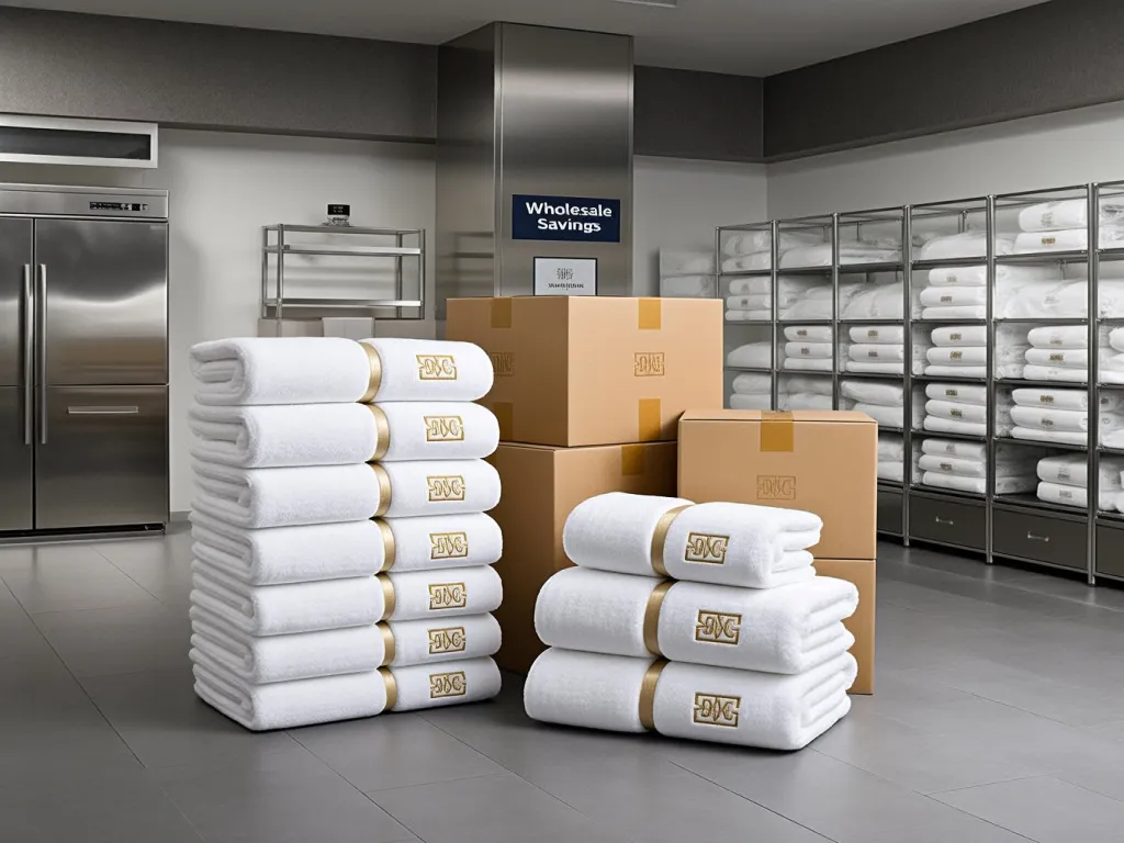 Stacks of wholesale embroidered hotel towels in a warehouse setting