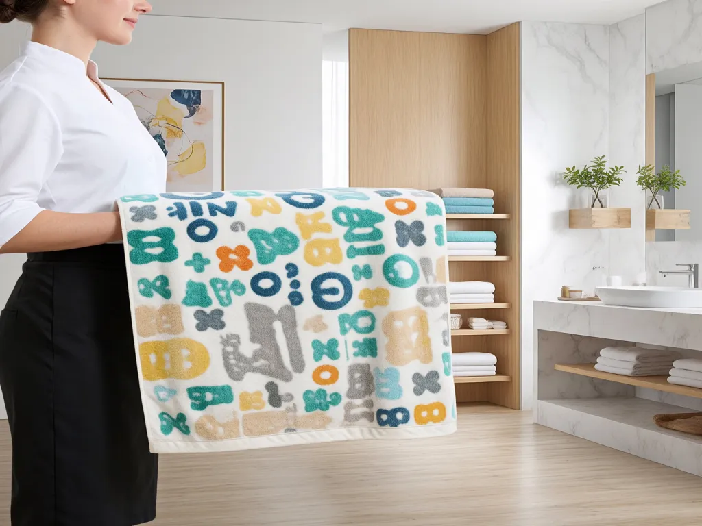 Hotel staff holding a colorful towel with various patterns