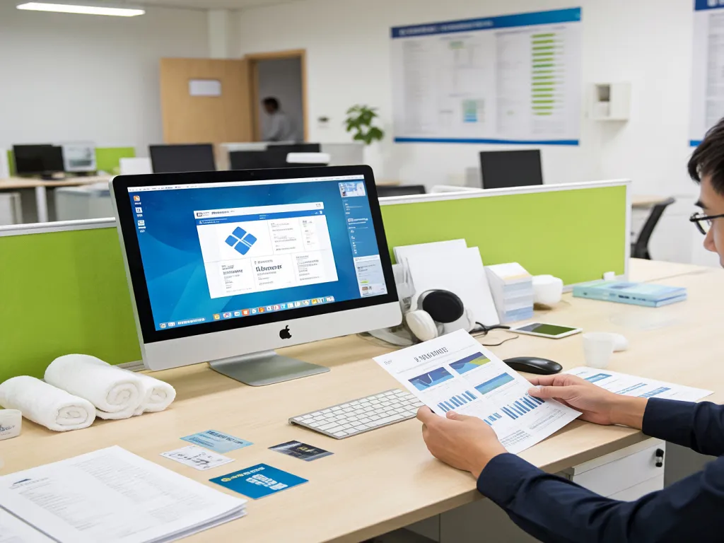 A person analyzes documents and data on a computer screen with towels on the desk, representing business analysis for hotel towels