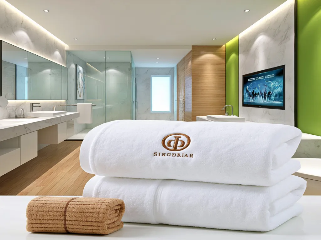 Luxury hotel bathroom with neatly stacked white towels
