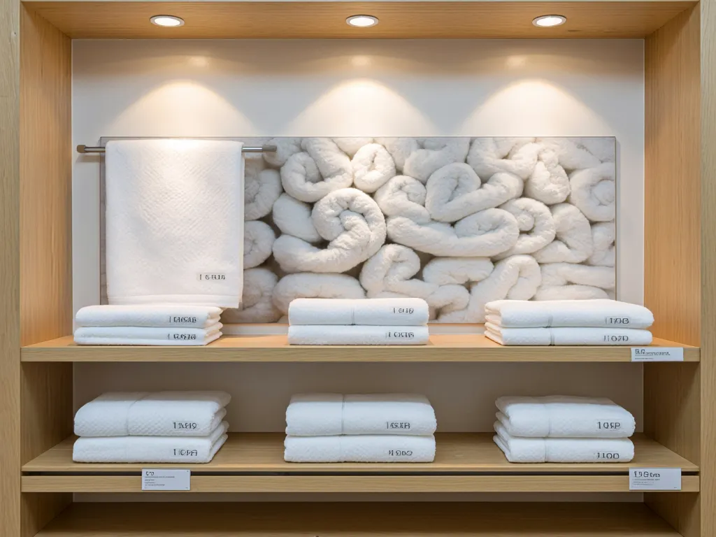 Luxury white hotel towels neatly showcased on wooden shelves